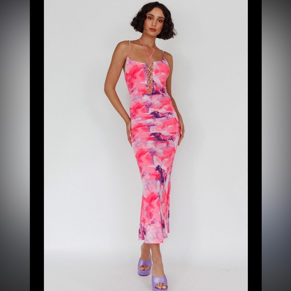 Saints & Secrets NWT Gypsy Garden Laced Bodice Ruched Midi Pink Dress SZ Medium